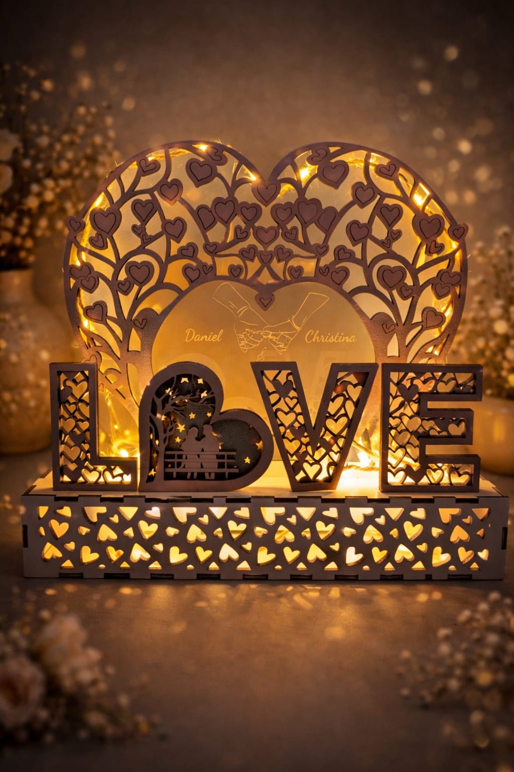Personalisierter Liebes-Aufsteller mit Gravur & LED-Beleuchtung – Holz & Acryl