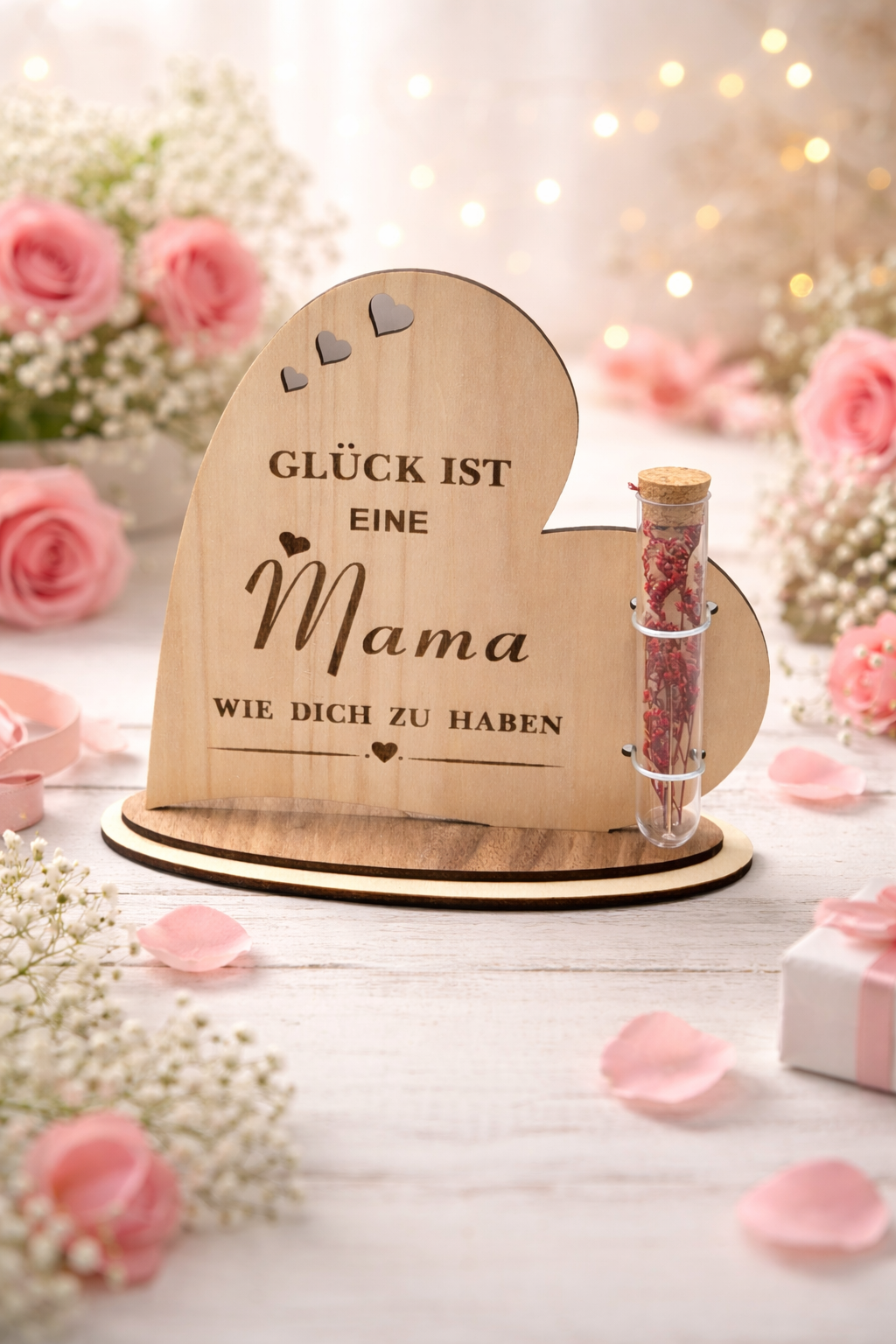 Herz-Aufsteller aus Holz mit Trockenblumen | Geschenk für Mama - Muttertag