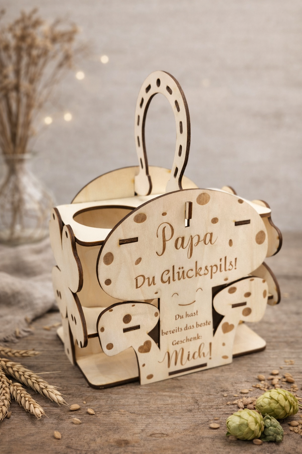 Glückspils Bierträger aus Holz | Geschenk für Papa | Vatertag & Geburtstag