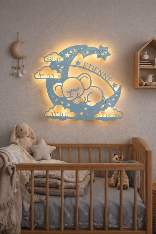 Personalisiertes Nachtlicht aus Holz – Geburtsdaten & Name – Geschenk zur Geburt & Taufe