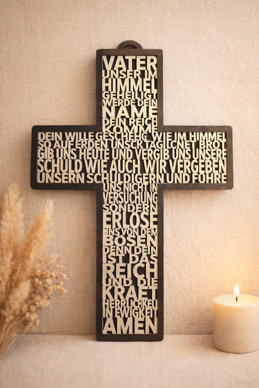 Vaterunser Kreuz aus Holz mit LED – Geschenk zur Taufe, Kommunion & Konfirmation