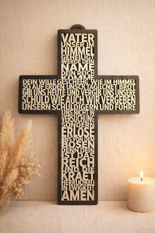 Vaterunser Kreuz aus Holz mit LED – Geschenk zur Taufe, Kommunion & Konfirmation