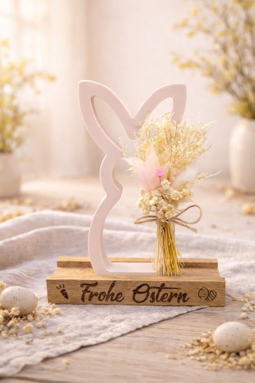 Osterhase aus Resin mit Trockenblumen & Holzsockel – Handgemachte Osterdeko