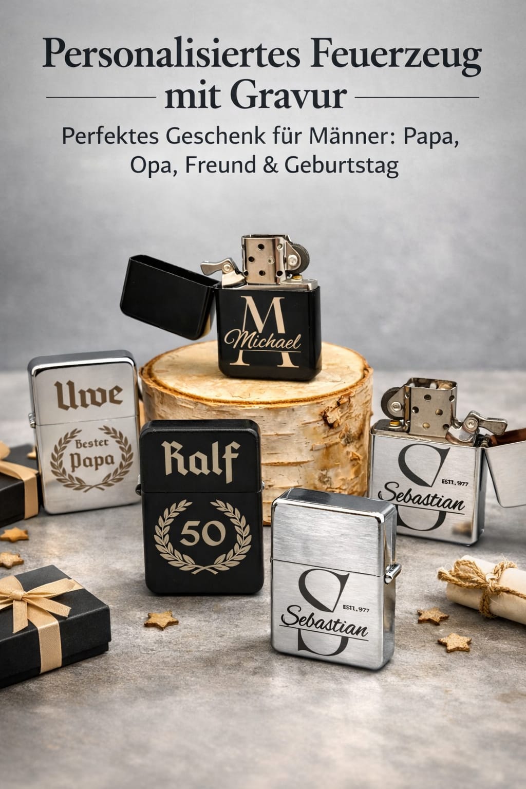 Personalisiertes Benzinfeuerzeug mit Gravur, Geschenk für Männer, Papa Geschenk, Opa Geschenk, Geburtstag, Vatertag, Monogramm, Lorbeerkranz