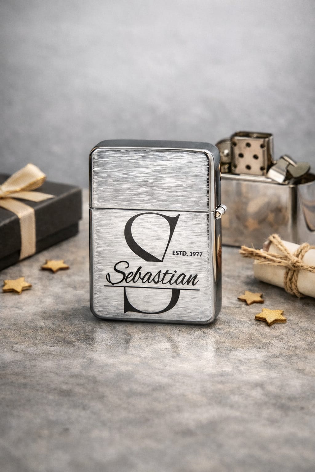 Personalisiertes Benzinfeuerzeug mit Gravur, Geschenk für Männer, Papa Geschenk, Opa Geschenk, Geburtstag, Vatertag, Monogramm, Lorbeerkranz