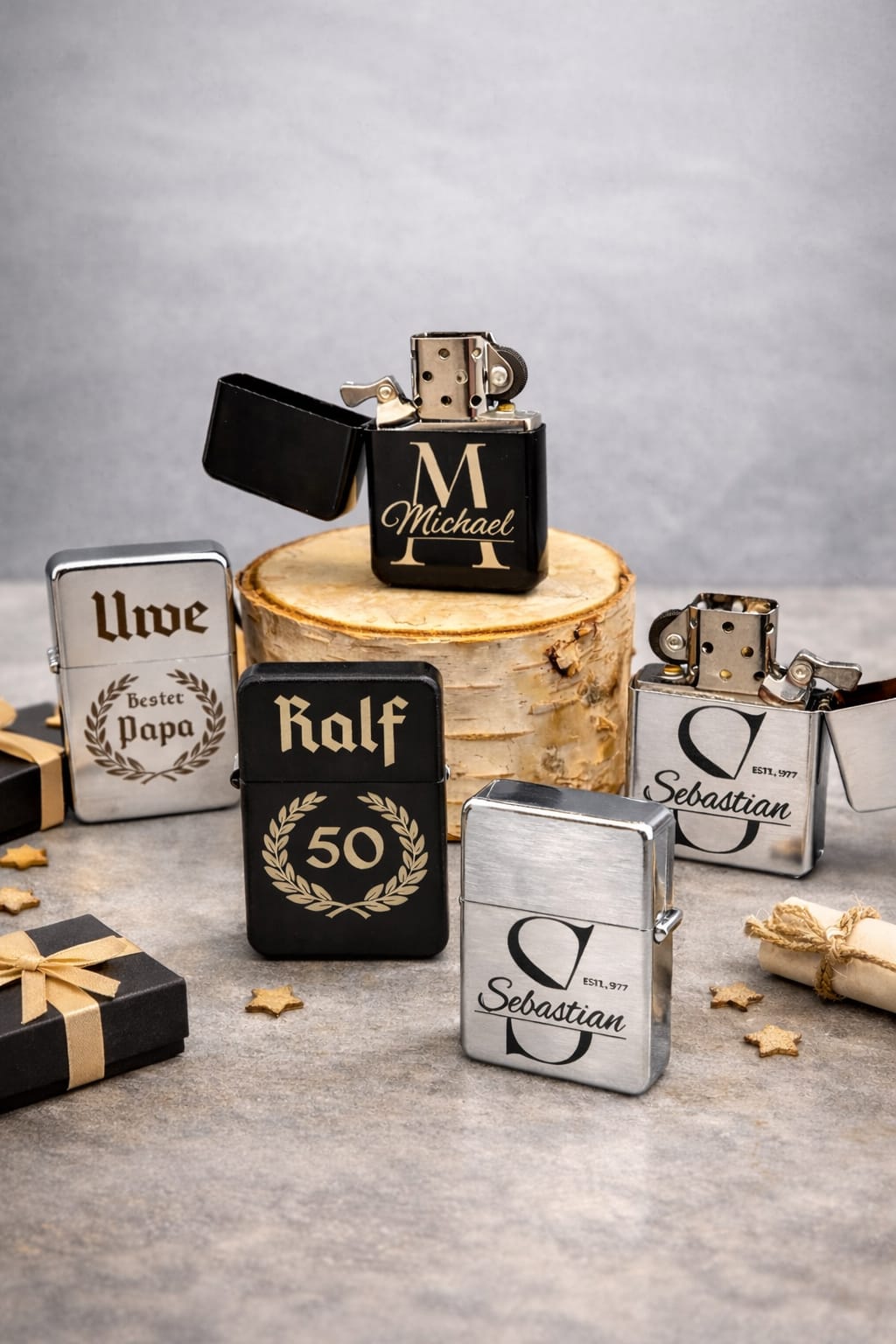 Personalisiertes Benzinfeuerzeug mit Gravur, Geschenk für Männer, Papa Geschenk, Opa Geschenk, Geburtstag, Vatertag, Monogramm, Lorbeerkranz