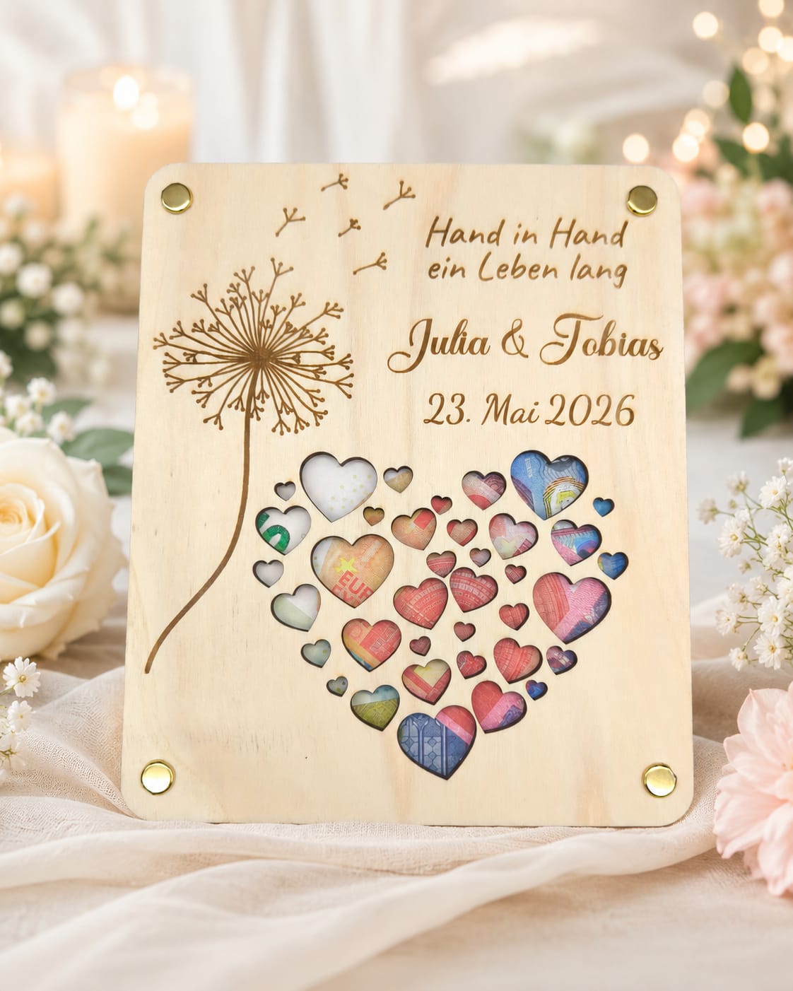 Personalisiertes Geldgeschenk zur Hochzeit aus Holz – mit Namen & Datum