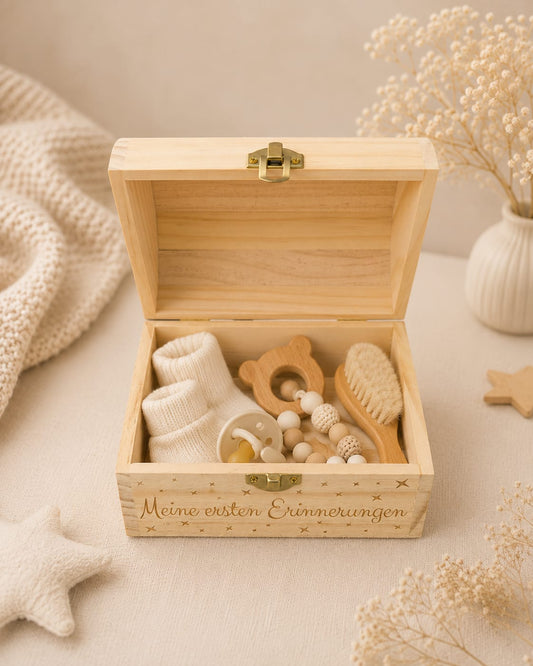 Personalisierte Erinnerungskiste Baby aus Holz – Lasergravur mit Name & Geburtsdaten | Geschenk zur Geburt & Taufe