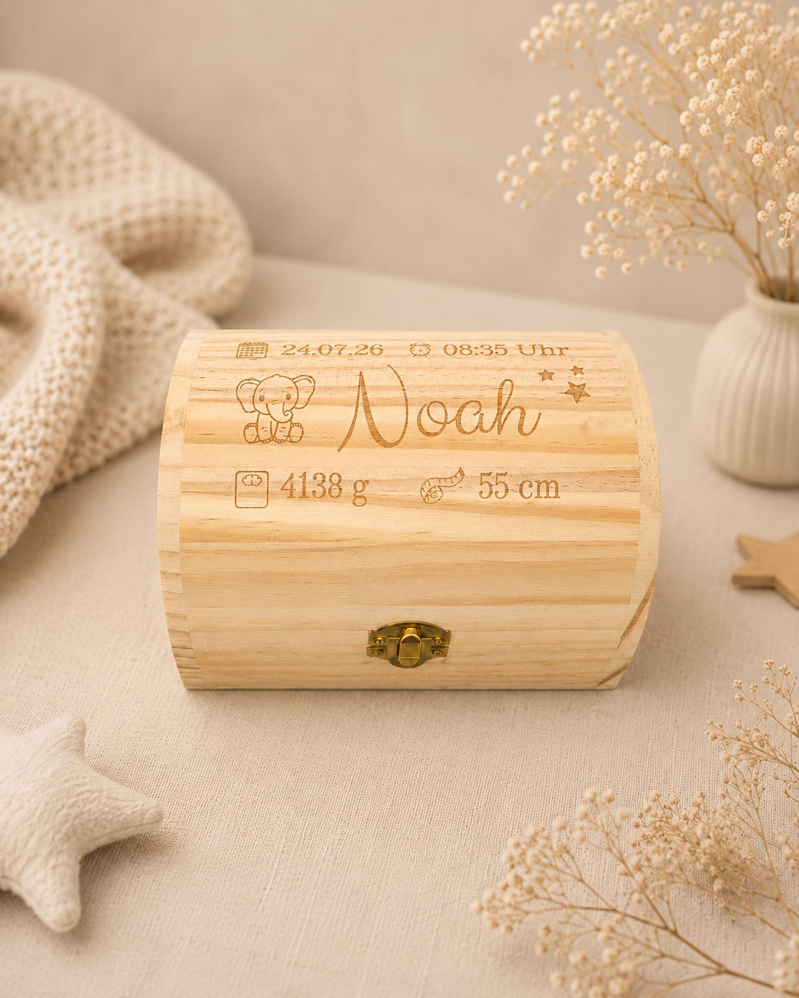 Personalisierte Erinnerungskiste Baby aus Holz – Lasergravur mit Name & Geburtsdaten | Geschenk zur Geburt & Taufe