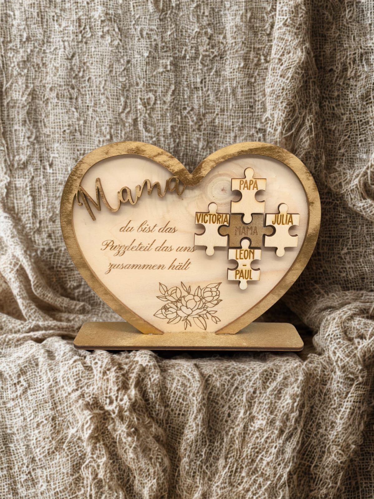 Muttertag Holzherz für Mama – Personalisiertes Familienherz-Puzzle mit Namen