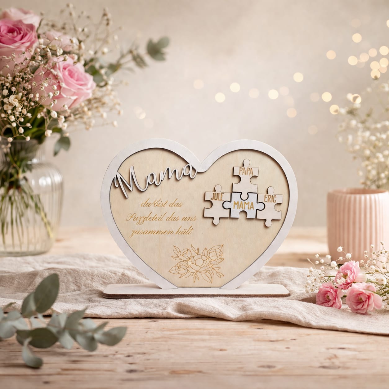 Muttertag Holzherz für Mama – Personalisiertes Familienherz-Puzzle mit Namen