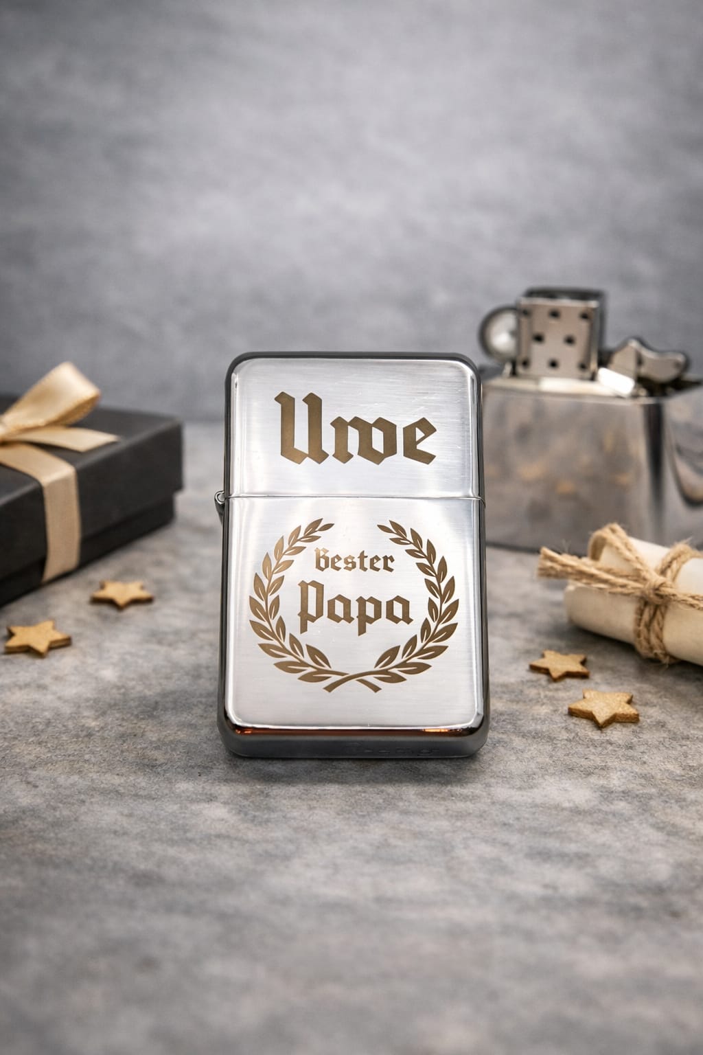 Personalisiertes Benzinfeuerzeug mit Gravur, Geschenk für Männer, Papa Geschenk, Opa Geschenk, Geburtstag, Vatertag, Monogramm, Lorbeerkranz
