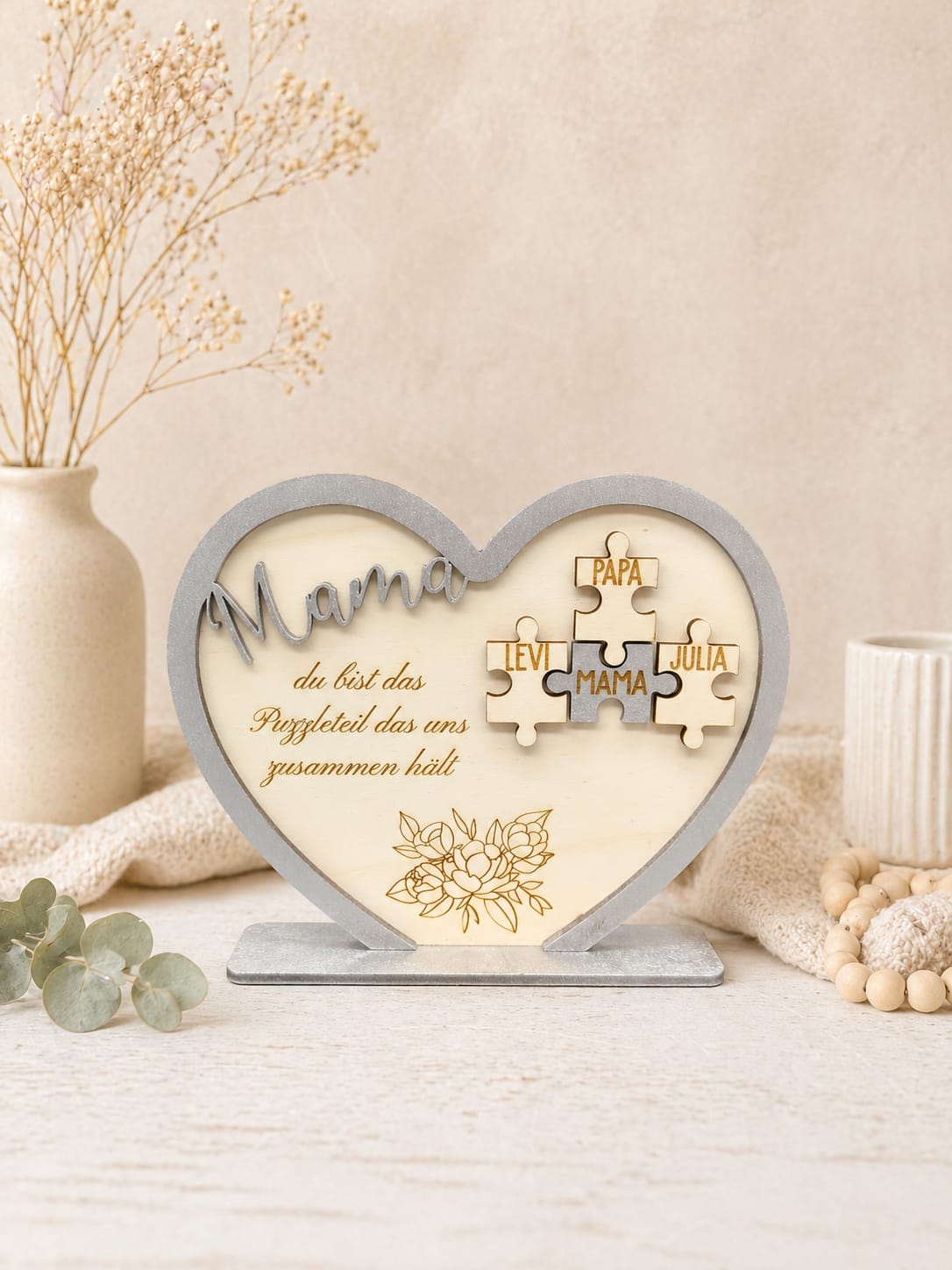 Muttertag Holzherz für Mama – Personalisiertes Familienherz-Puzzle mit Namen