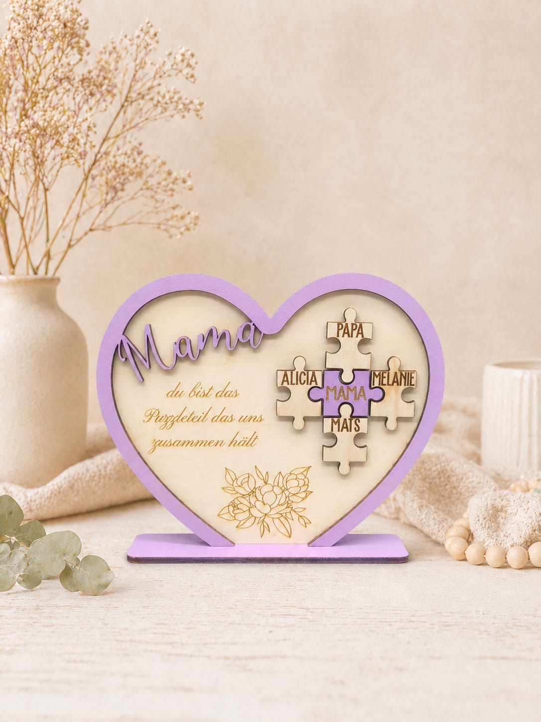Muttertag Holzherz für Mama – Personalisiertes Familienherz-Puzzle mit Namen