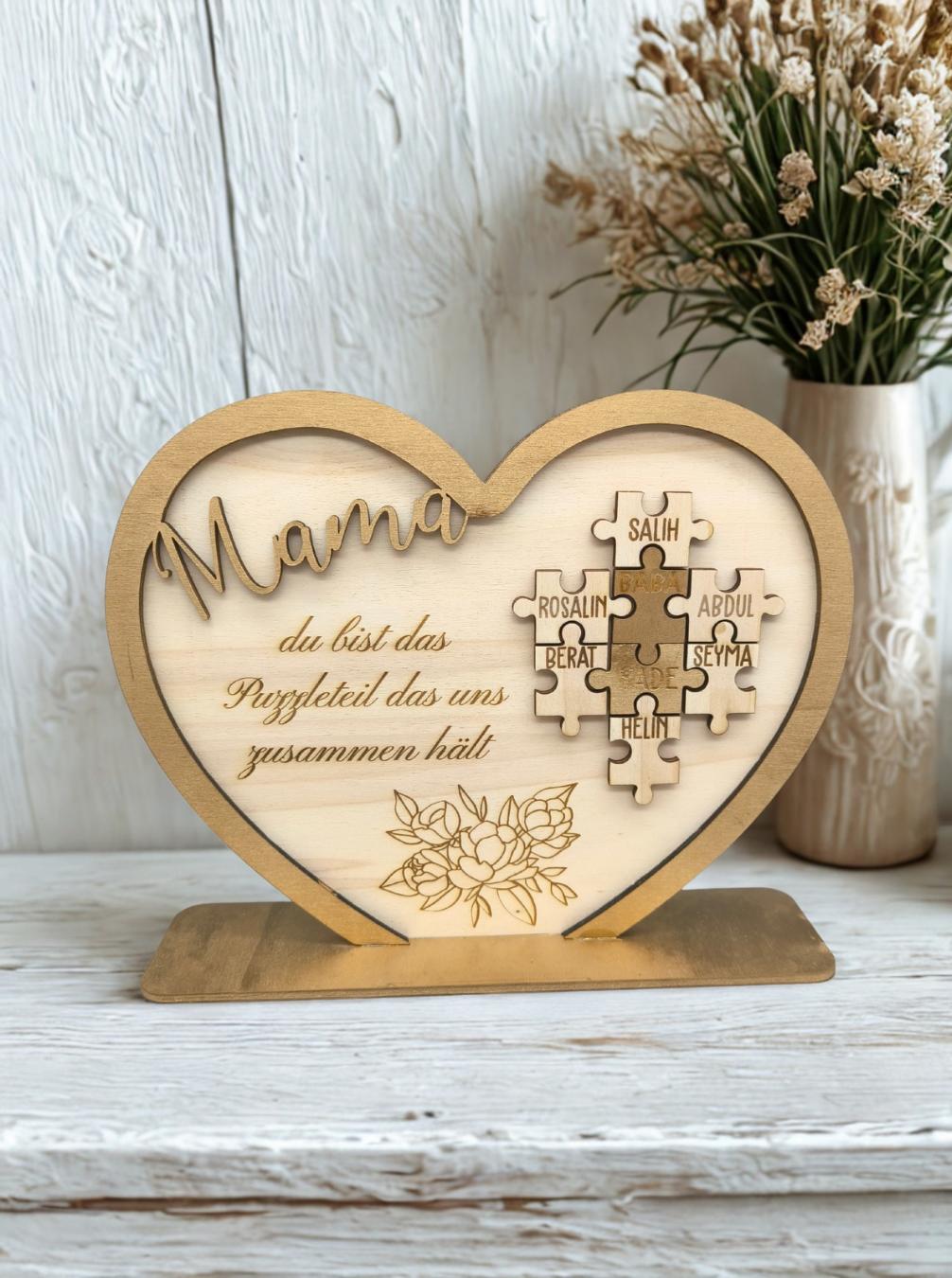Muttertag Holzherz für Mama – Personalisiertes Familienherz-Puzzle mit Namen