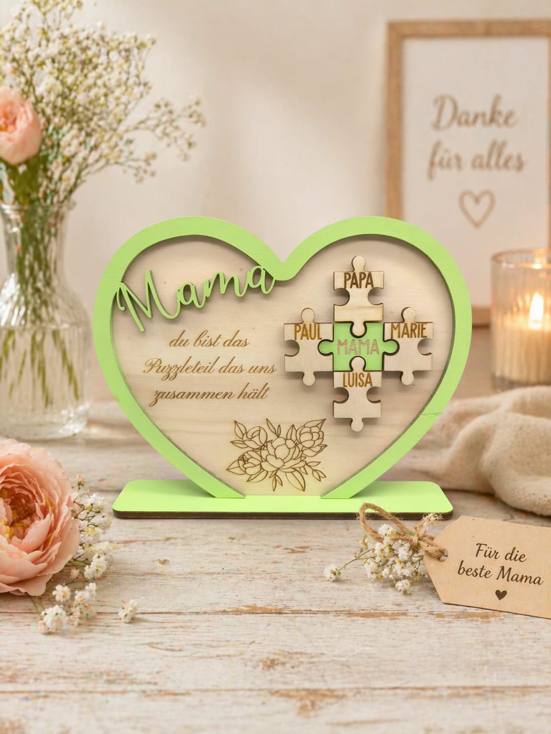 Muttertag Holzherz für Mama – Personalisiertes Familienherz-Puzzle mit Namen