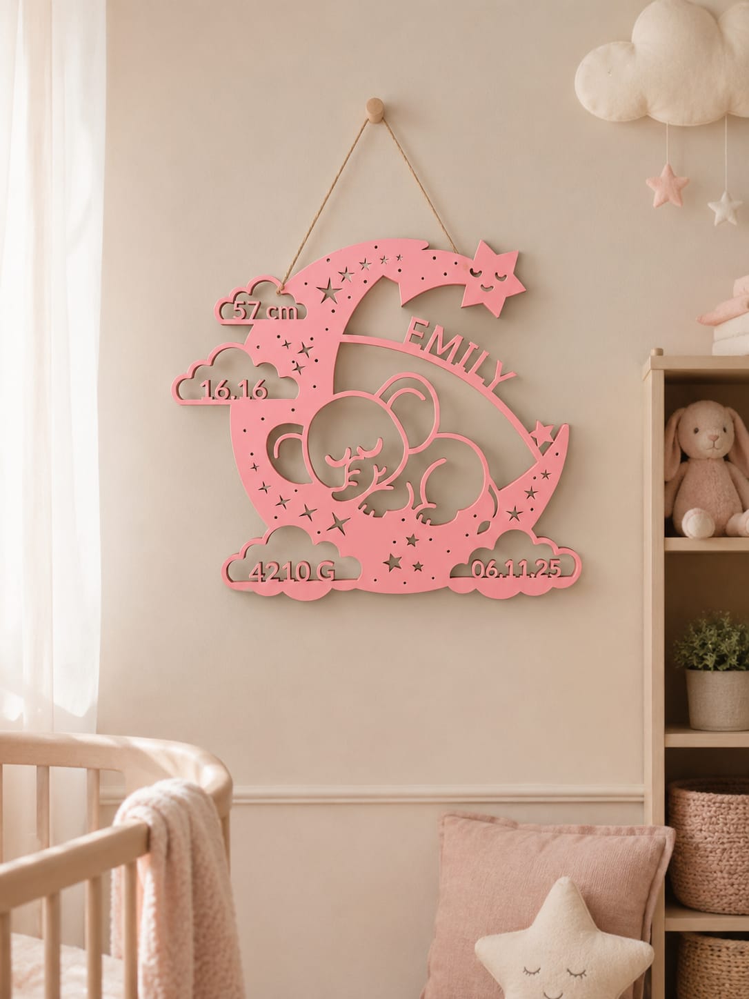 Personalisiertes Nachtlicht aus Holz – Geburtsdaten & Name – Geschenk zur Geburt & Taufe
