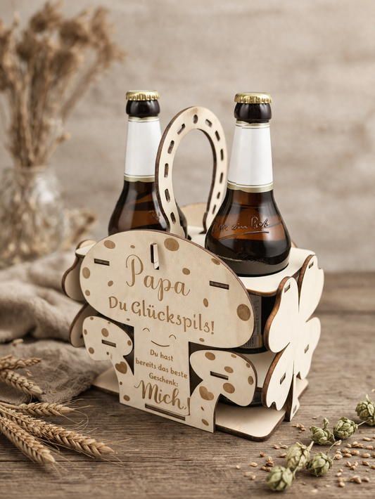 Glückspils Bierträger aus Holz | Geschenk für Papa | Vatertag & Geburtstag