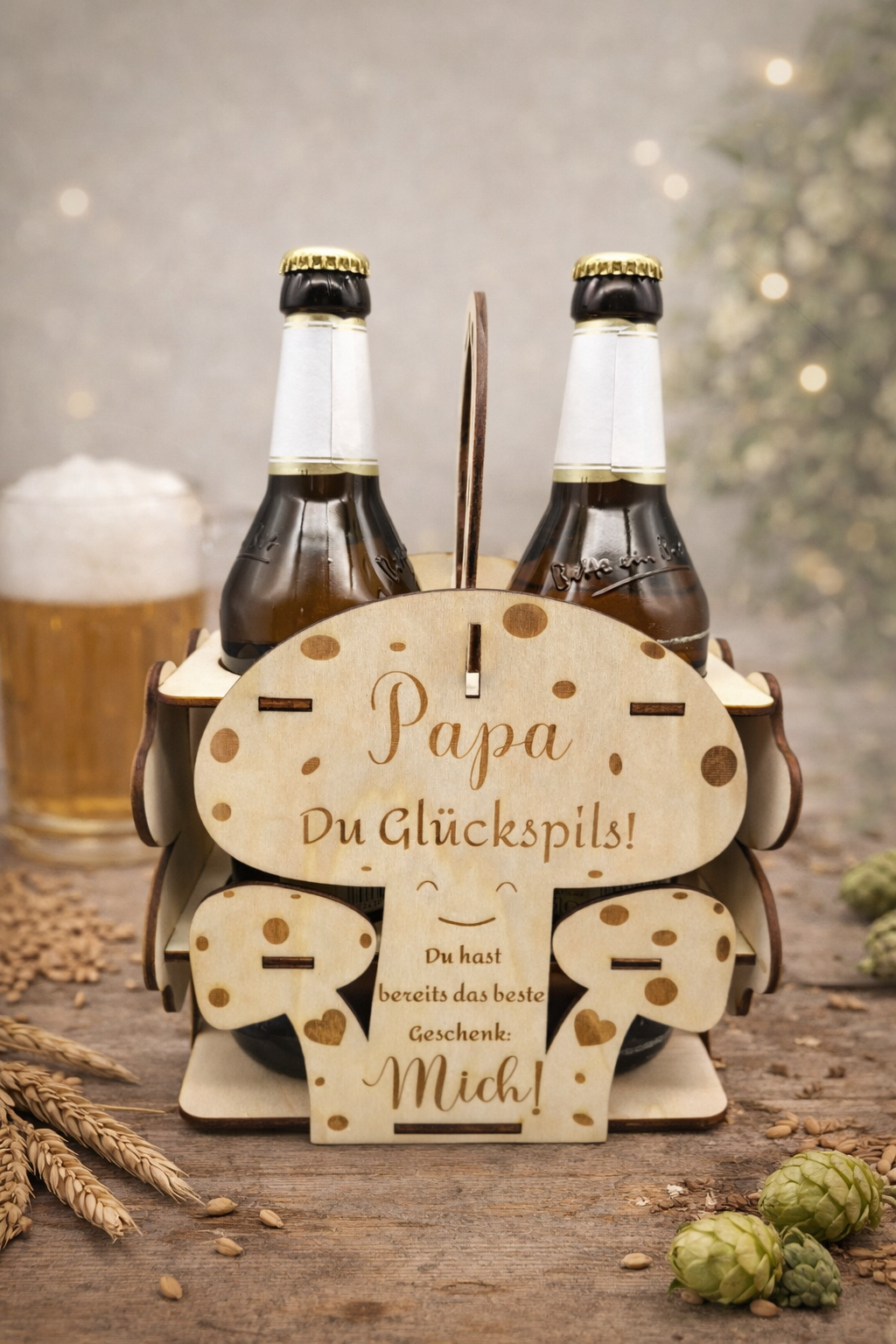 Glückspils Bierträger aus Holz | Geschenk für Papa | Vatertag & Geburtstag