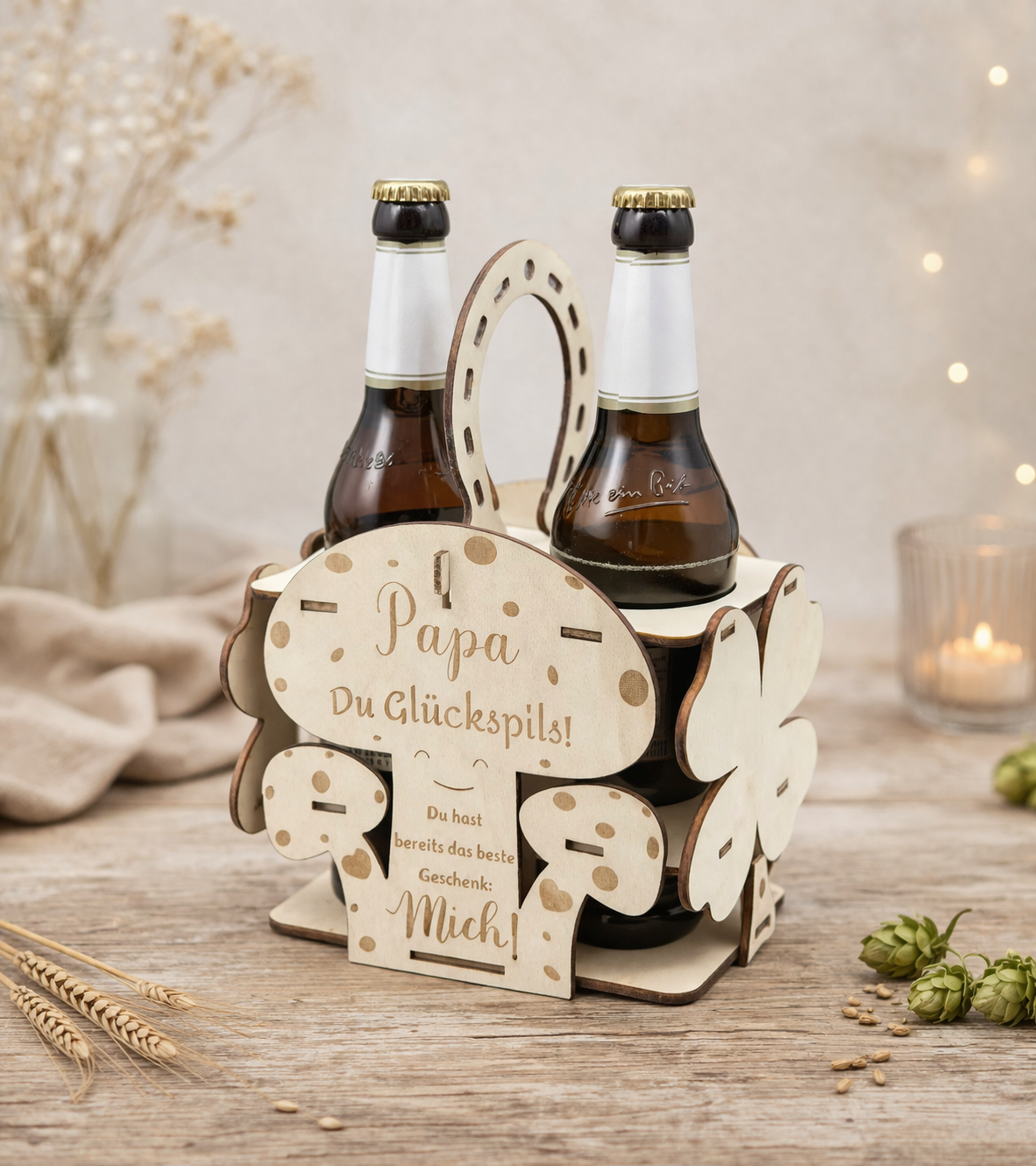 Glückspils Bierträger aus Holz | Geschenk für Papa | Vatertag & Geburtstag