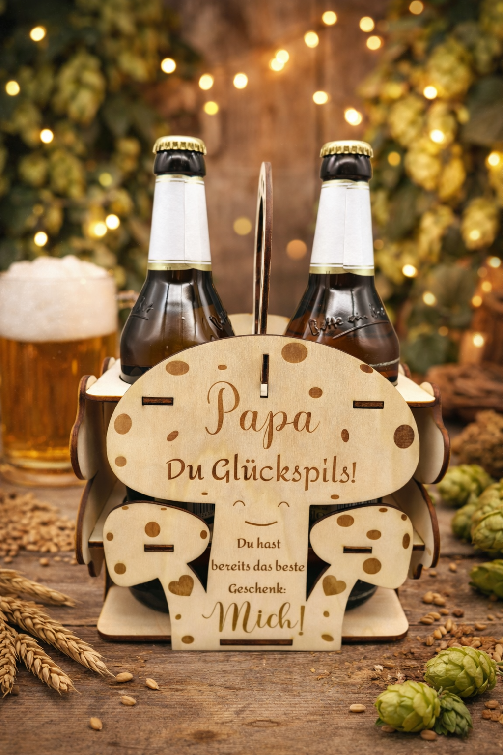 Glückspils Bierträger aus Holz | Geschenk für Papa | Vatertag & Geburtstag