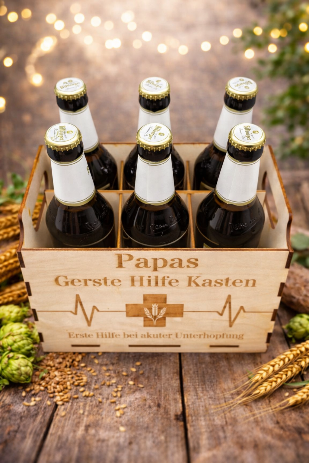 Gerste Hilfe Kasten | Bierträger Holz für 6 Flaschen | Geschenk für Papa