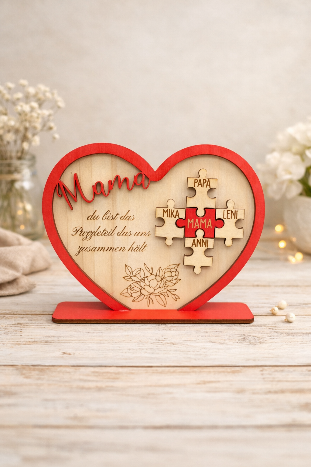 Muttertag Holzherz für Mama – Personalisiertes Familienherz-Puzzle mit Namen