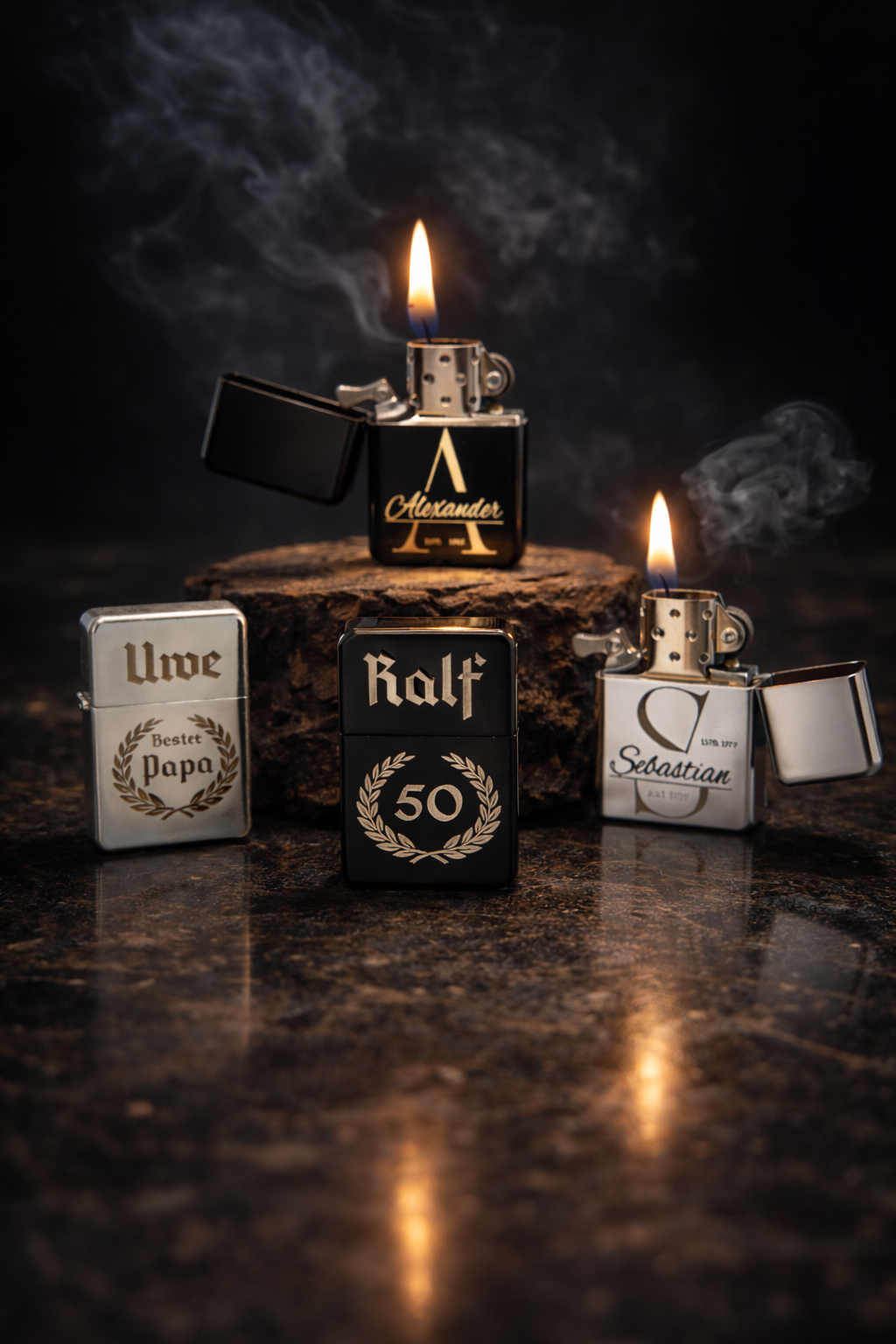 Personalisiertes Benzinfeuerzeug mit Gravur, Geschenk für Männer, Papa Geschenk, Opa Geschenk, Geburtstag, Vatertag, Monogramm, Lorbeerkranz