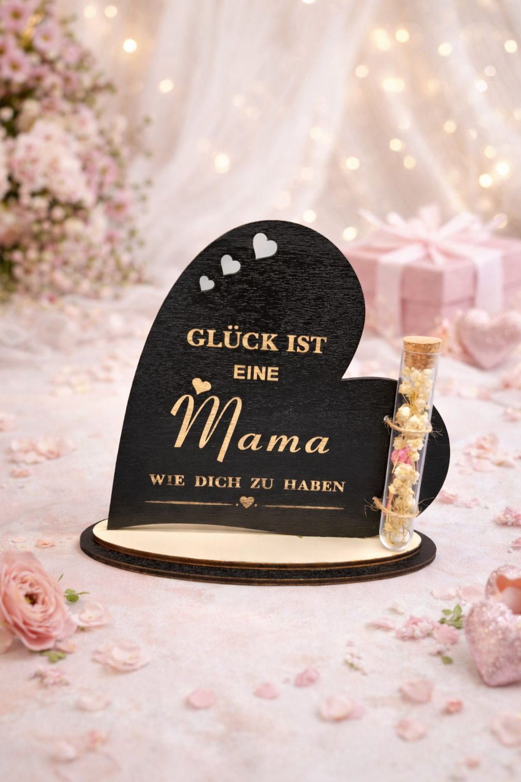 Herz-Aufsteller aus Holz mit Trockenblumen | Geschenk für Mama - Muttertag